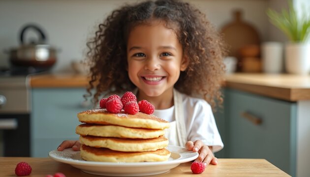 Happy child girl with curly hair smiles holding plate with big pancake stack topped with raspberries. Young girl enjoys sweet breakfast in home kitchen at morning light.