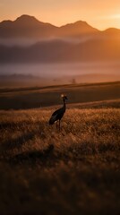 Obraz premium Crowned crane silhouette standing in golden grassland at sunset with misty mountains in background creating dramatic wildlife landscape scene.