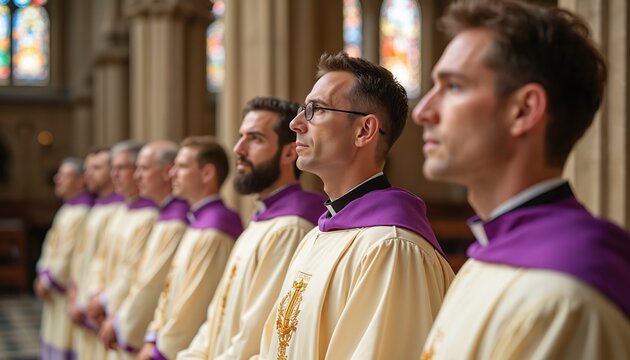 Clergymen in traditional vestments stand in line inside church. Men with purple stoles participate in religious ceremony. Spiritual leaders gather for worship service. Faith community united in