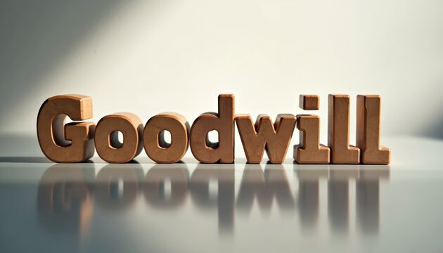 Wooden letters spell goodwill on a reflective surface. Clean background, soft light. Represents intangible business asset, reputation, and positive relationships. Corporate value concept.