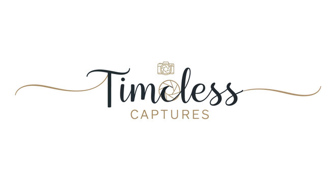 Timeless Captures Logo: Elegant Script Font with Camera Icon and Aperture