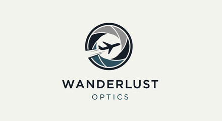 Fototapeta premium Airplane flying through camera aperture lens, Wanderlust Optics logo