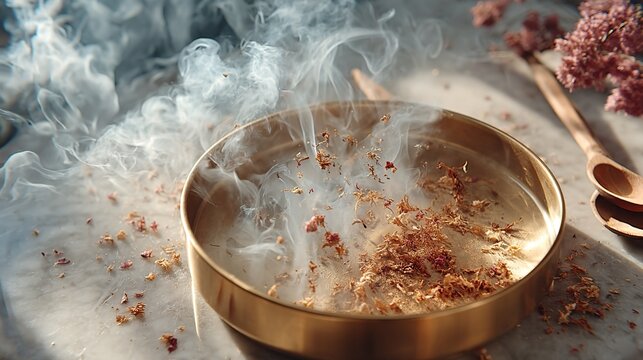 Incense burning in a brass bowl with smoke rising and dried herbs scattered