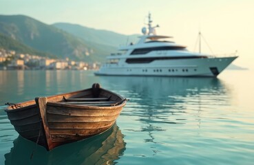 Naklejka premium Small wooden boat floats on calm sea near large luxury yacht. Coastal town on hills in background. Peaceful morning water scene with clear sky and distant mountains.