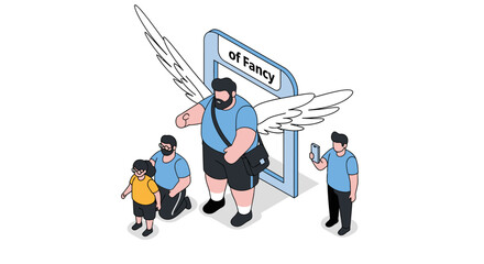 Fototapeta premium Isometric illustration of a man with wings and children, near a phone.