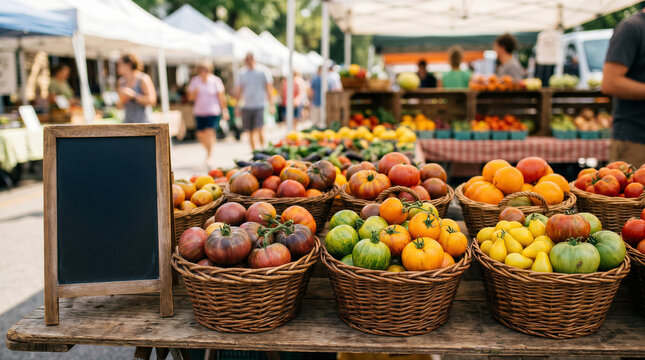 Fresh organic tomatoes in wicker baskets at a local farmers market with a blank chalkboard sign for copy space