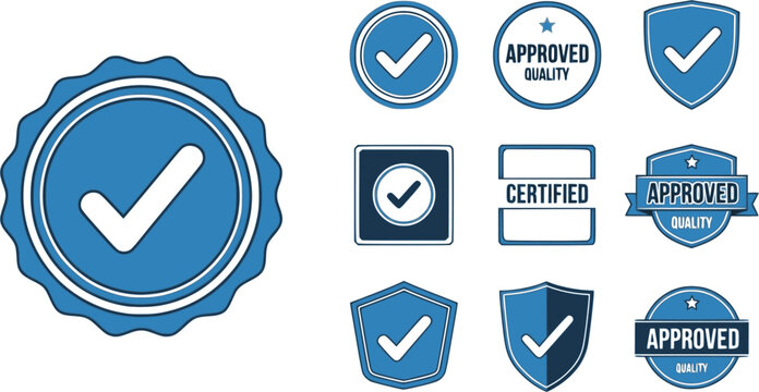 Blue Approval icon set, certified medal symbol, Approved quality sign, 
