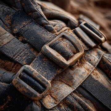 Detailed view of dirt-covered black fabric straps with buckles on rugged outdoor gear showcasing texture and wear from extensive use in muddy conditions