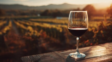 Naklejka premium A glass of red wine on a rustic wooden table overlooking a sunlit vineyard at golden hour with mountains in the background and warm natural ambiance