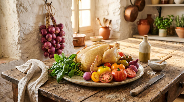 Raw whole chicken on a rustic wooden table with fresh tomatoes, basil, and red onions in a cozy country kitchen setting