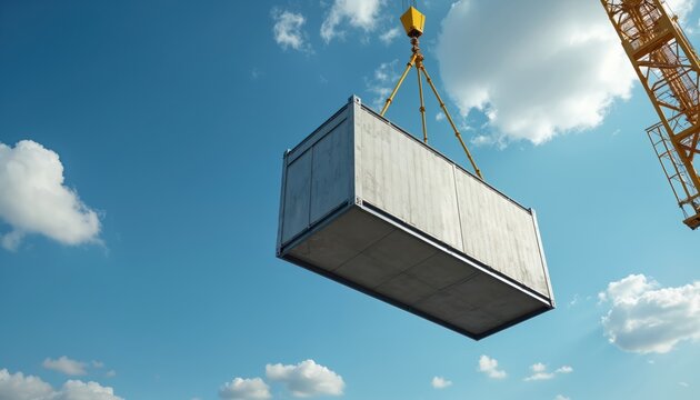 Crane lifts prefab building module against blue sky with clouds. Modern construction method for fast urban development and housing. Industrial transport and assembly.