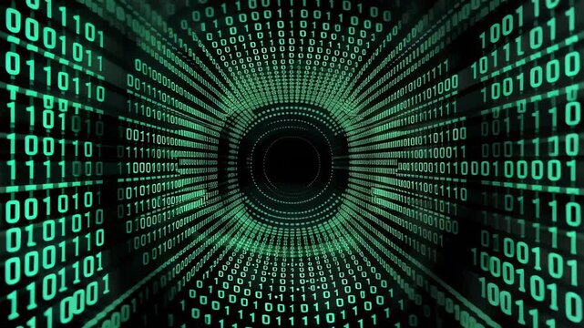 This showcases a stunning digital tunnel made of green binary code flowing towards a dark center, creating a sense of speed and motion in a futuristic cyber landscape.