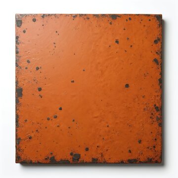 Orange square tile surface texture with dark spots. Rough weathered material close up. Abstract background detail, empty isolated object, top view.