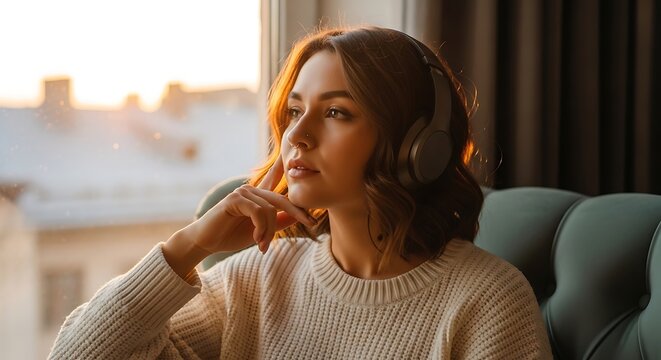 Woman wearing headphones looks out the window at sunset enjoying music