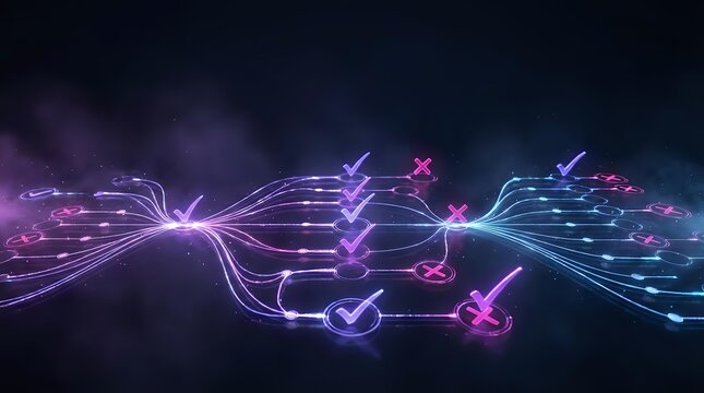 Abstract digital network with glowing purple and blue connections, checkmarks and X symbols representing data validation and verification processes.