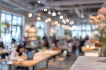 Obraz premium A blurred view captures the lively atmosphere of a bustling cafe or marketplace.