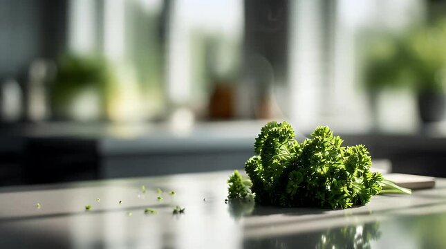 Fresh parsley sprigs arranged on a modern kitchen countertop bathed in natural light creating a bright and healthy culinary still life for food blogs and recipes