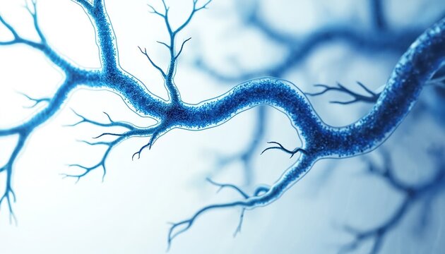 Abstract blue branching structures resembling veins or neural pathways spread across a white background. Detailed microscopic view of organic cell network. Medical science theme.