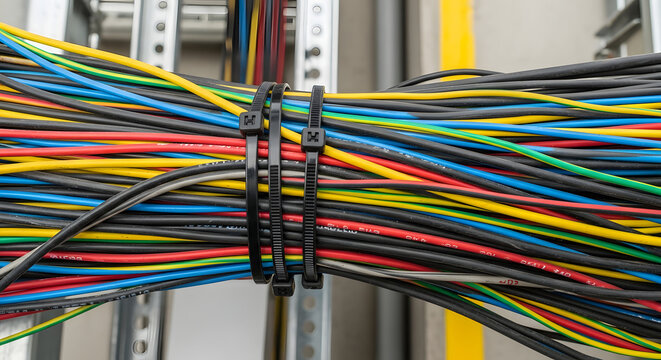 Colorful wires and cables neatly organized with cable ties in a server room or data center. Generative AI
