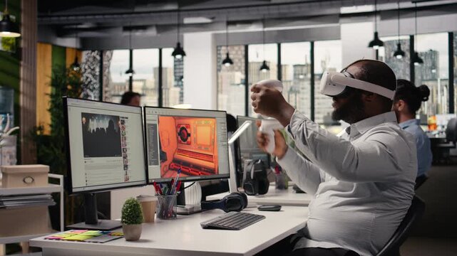 Engineer uses VR glasses to design futuristic video game lobby, creating a fantasy world in cyberspace with software and virtual reality assets. Game developer working in the gaming industry.