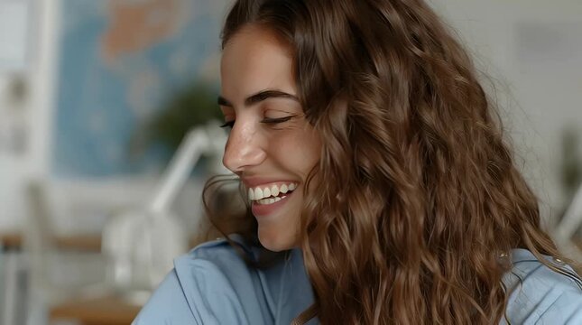 Genuine smile of a young woman looking directly at the camera conveying happiness positivity and confidence in a bright modern office setting