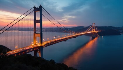 Fototapeta premium Massive suspension bridge spans bay at dusk with car traffic flowing over illuminated roadway. City lights twinkle on distant hills as evening sky glows pink and blue.