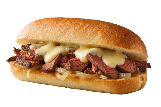 Isolated delicious steak and cheese sub sandwich with melted sauce and caramelized onions.