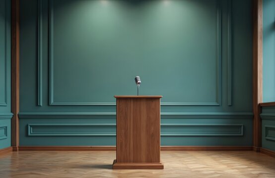 Empty conference room features wooden podium with microphone. Space ready for speaker, presentation, or public address. Clean minimal stage for speeches and lectures.