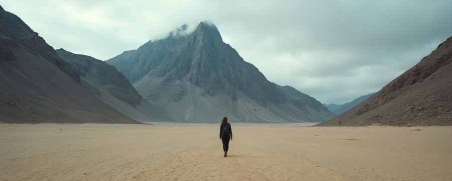 Lone woman walks across vast desert plain towards towering, cloud-shrouded mountain peak. Stark, arid landscape under overcast sky. Traveler explores remote, desolate wilderness environment.