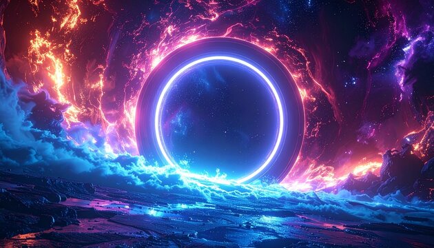 Cosmic Portal Energy Background. A circular galactic portal glowing with energy waves, a futuristic sci-fi concept with a powerful focal point.