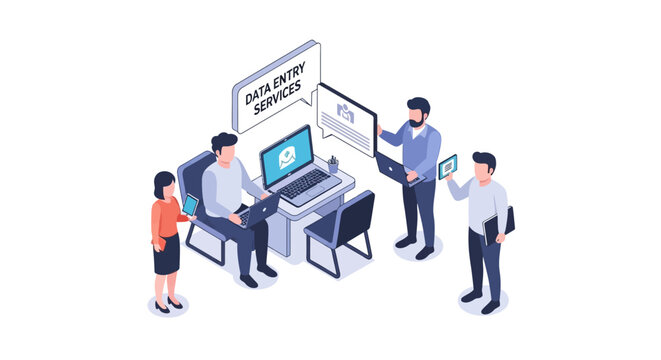 Isometric illustration of data entry services and business team.