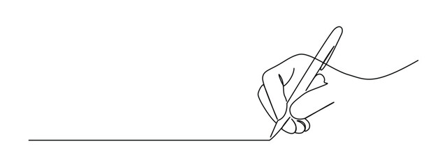 Fototapeta premium Hand drawn continuous line art of pen writing on paper. Minimalist sketch illustration for education, business documents or creative storytelling concepts. Doodle vector illustration