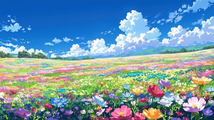 Naklejka premium 花畑と青い空