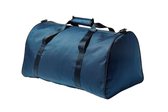 Isolated deep teal fabric duffel gym bag with carrying handles and zipper closure, ready for travel