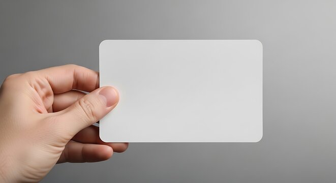 Hand Holding Blank White Business Card Mockup on Gray Background