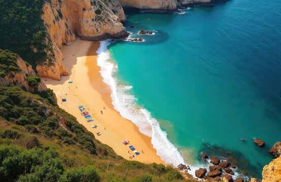 Wide sandy beach with turquoise ocean waves meeting cliffs. Green hills border golden sand where people relax on towels. Sunny coastal view.