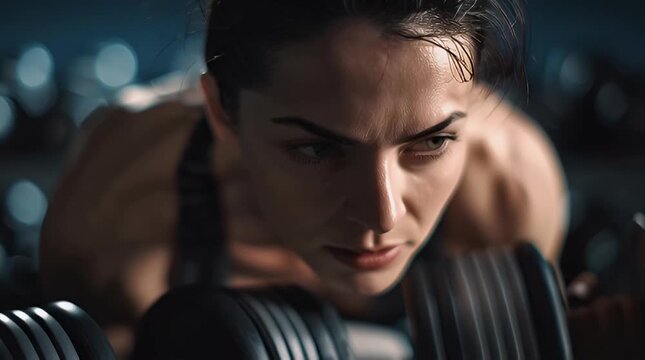 Intense female athlete lifting weights at night in a modern gym focused on strength training and achieving fitness goals with determination and grit