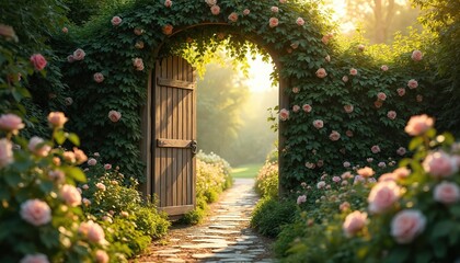 Naklejka premium Wooden gate opens into a rich garden path lined with blooming pink roses and green vines. Sunlight filters through foliage creating a magical, inviting entrance to a secret place.