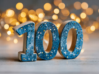 Naklejka premium Sparkling blue glitter decorative numbers forming one hundred with warm glowing bokeh lights in the background for celebration or milestone concepts