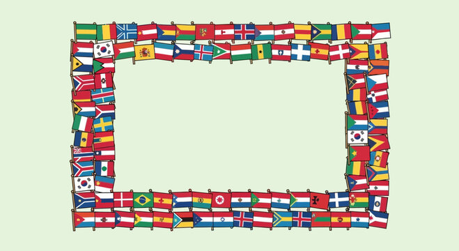 World Flags Frame Border on Light Green Background - International Concept
