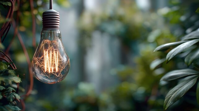 Vintage glowing light bulb hanging outdoors surrounded by lush green foliage with soft natural background creating a warm and inviting ambiance in nature