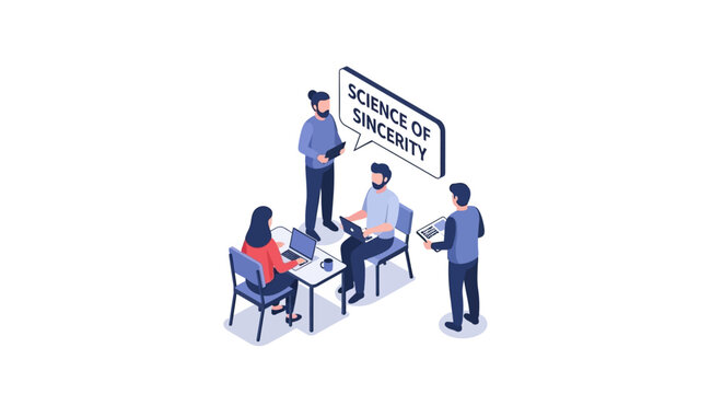 Isometric illustration of a business meeting discussing sincerity and ideas.