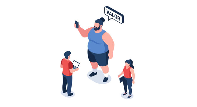 Isometric illustration of a large man with a speech bubble and two people.
