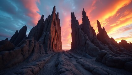 Naklejka premium Dramatic basalt columns rise like natural spires reaching for vibrant sunset clouds. This unique geological formation offers a view of earths ancient power and raw beauty.