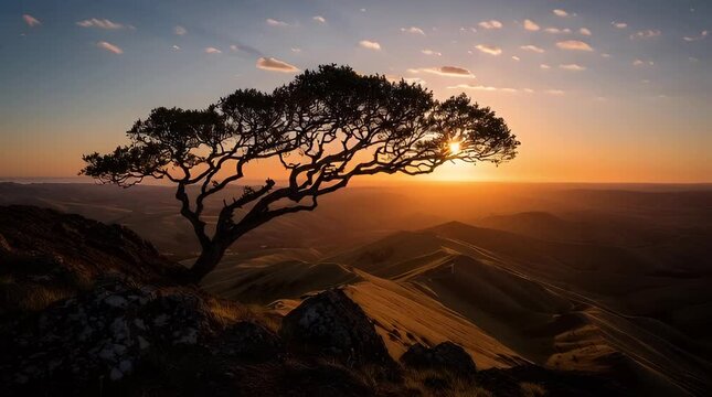Majestic lone tree silhouetted against a vibrant sunset over rolling hills and mountains a stunning landscape vista evoking peace hope and natural beauty