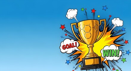Obraz premium Golden trophy stands on a vibrant background with a Goal and Win speech bubble, stars and dynamic shapes