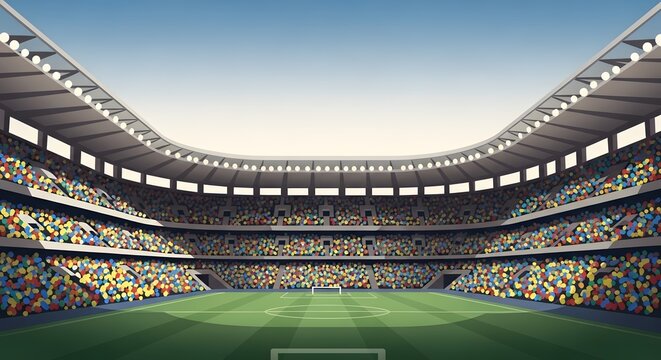 An expansive stadium filled with spectators, perfect for a grand sporting event. The vast field awaits the next match, promising excitement and competition. 