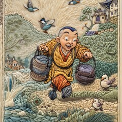 Obraz premium Embroidered Village Man with Baskets