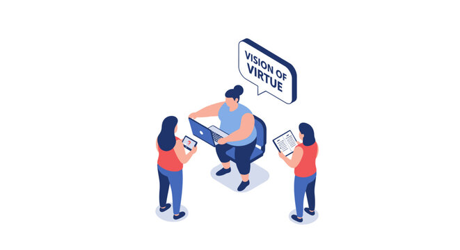 Isometric Illustration of a Team Discussing Vision of Virtue.