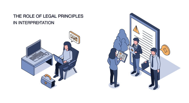 Isometric Illustration of Legal Professionals Working on Documents and Technology.